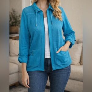 Allison Daley Blue Semi-Sheer Mesh Zip Jacket | Lightweight Mock Neck XL